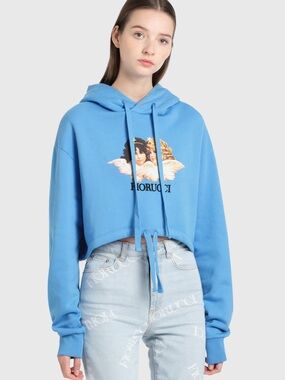 Fiorucci Vintage Angels Crop Hoodie Sweatshirt Blue size Large